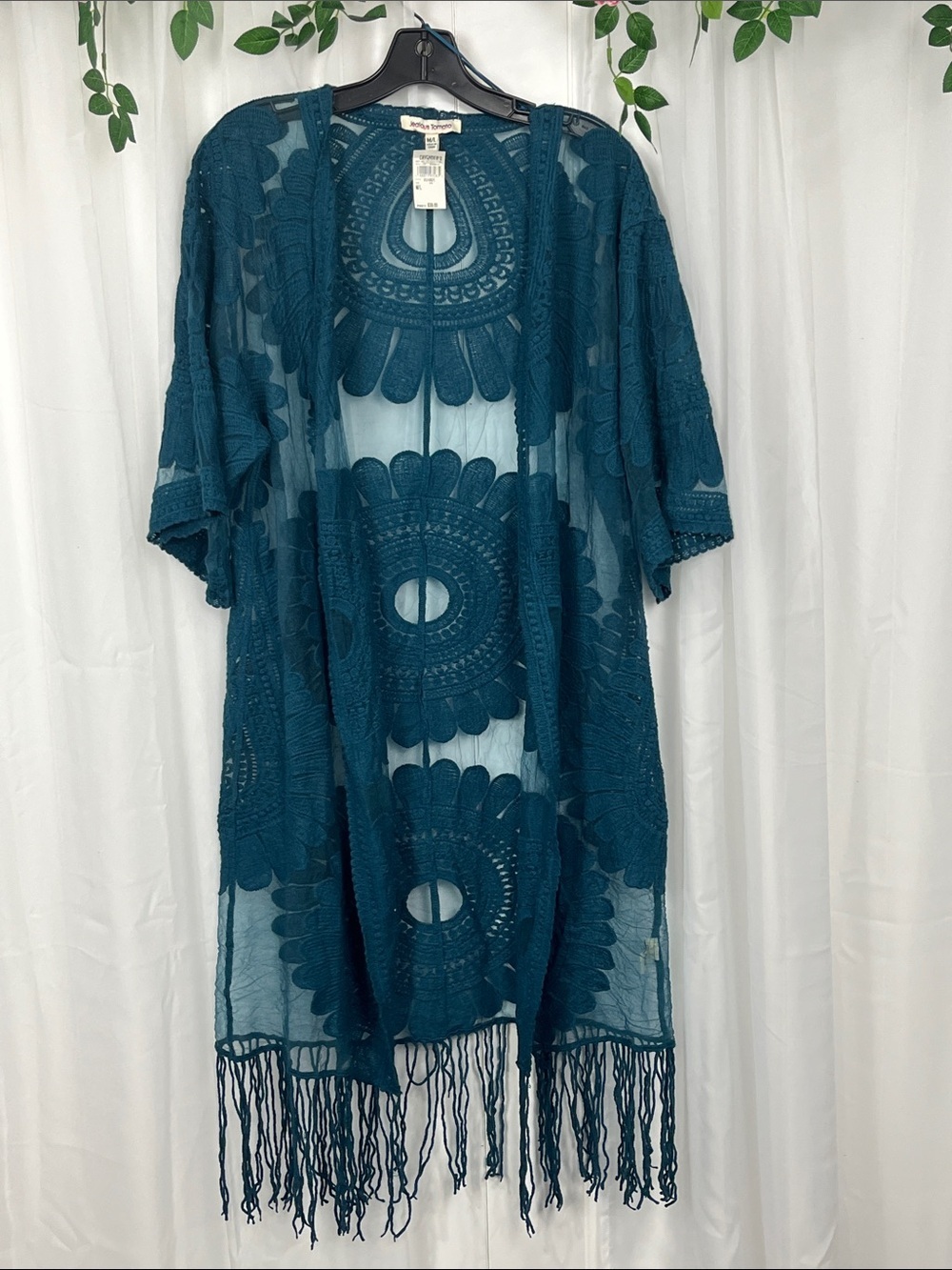 Jealous Tomato Womens Kimono M/L Dark Green/Blue Gauzy Floral Pattern Fringe EUC